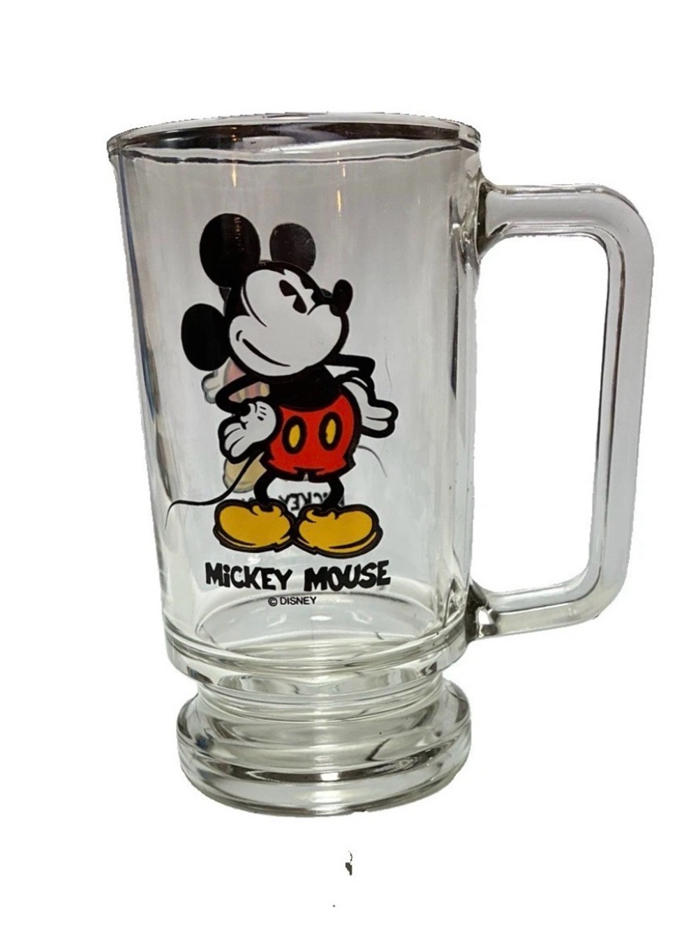 Vintage Walt Disney Mickey Mouse Clear Glass  Mug Cup Stein 5.25 inches